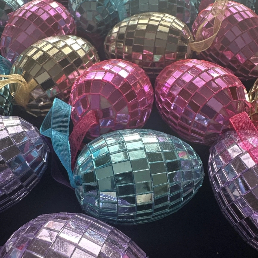 24) 2.5" Easter Egg Disco Mirrored Mosaic Ornaments Purple Pink Turquoise Gold